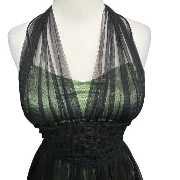 Vintage Y2K Cumbia Dress XS Green Satin Black Mesh Goth Fairycore Party Whimsy - Picture 3 of 16